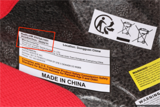 ”Ref/Lot#” 2025A1101’ and “Production: 2025/11” are printed    on a label on the inside of the recalled Victgoal children’s helmet 