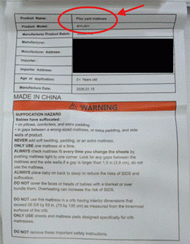 “Product Model: BYL001” is printed on a label inside the cover of the recalled Voomf play yard mattresses