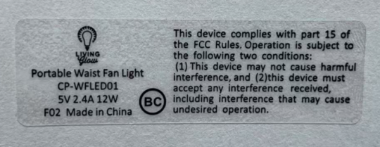 Label on Back of Recalled Rechargeable Portable Waist Fan