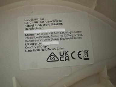 “Model No: 616” printed on a white label located under the tray