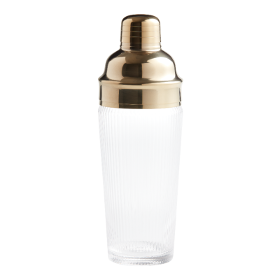 Recalled Gold Metal And Ribbed Glass Cocktail Shaker