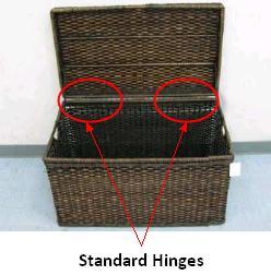 Recalled woven storage trunk showing standard hinges