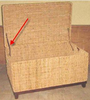 Recalled woven storage trunk showing standard hinges