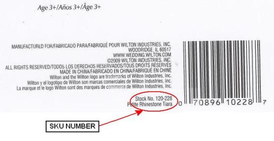 Location of SKU number for recalled tiara