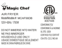 Rating Label on bottom of recalled Magic Chef Air Fryer MCAF56DB (black)