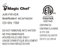 Rating Label on bottom of recalled Magic Chef Air Fryer Model MCAF56DW (white) 