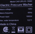 “Model: C4012PLUS-1500C” is printed on a label located on the back of the recalled BAYOTAK pressure washer.