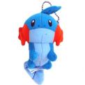 Recalled Mudkip Plush Keychain, #2644 - measures about 4 inches tall and 4 inches long; it is dark blue with a light blue stomach and tail and orange cheeks