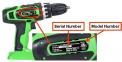 Kawasaki cordless drill with serial number and model number