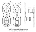 Diagram of recalled Powerlock connector link with "M" indicating January, February or March 2009 production date, and "N" indicating April, May or June 2009 production date