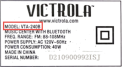 Label showing the VTA-240B model number on the back of 09/2021 date code on the back of the recalled VTA-240B-ESP Wood Metropolitan Bluetooth Record Player with 3-Speed Turntable