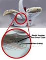 Location of model number and date stamp on recalled "Designer 22" infant car seat/carrier