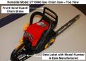 Picture of Recalled Homelight Chain Saw indicating the front hand guard/chain brake and the data label with model number and date manufactured