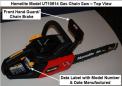 Picture of recalled Homelight Chain Saw indicating the front hand guard/chain brake and the data label with model number and date manufactured