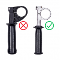 Side handles used on the recalled hammer drills/drivers. The affected handle is on the left and replacement handle is on the right.