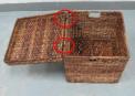 Recalled woven storage trunk showing standard hinges