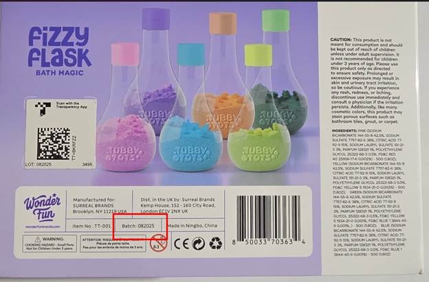 Recalled Tubby Tots Fizzy Flask Bath Magic bath foam set – Batch number 082025 location