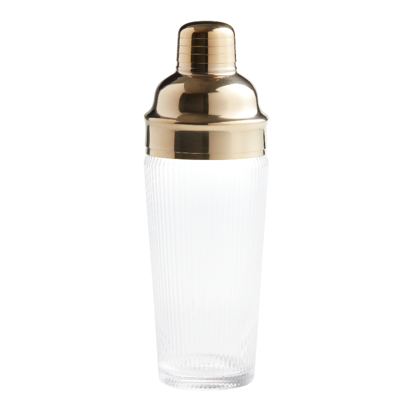 Gold Metal and Ribbed Glass Cocktail Shakers