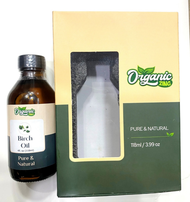 Recalled Organic Zing Birch Essential Oil Bottle and packaging