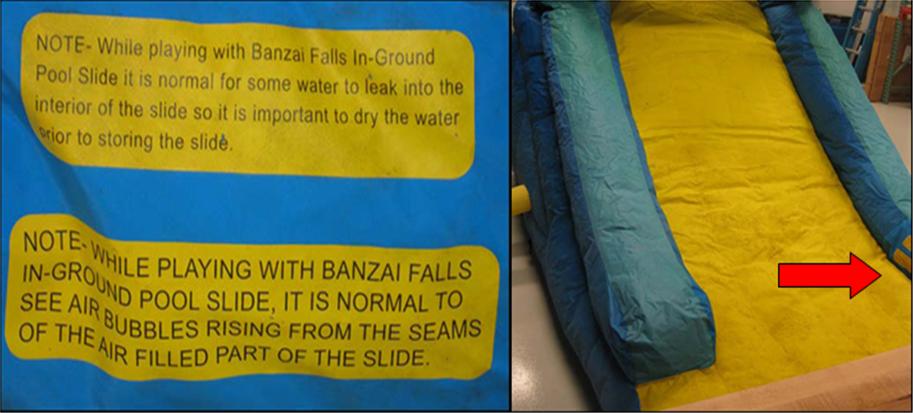 Detail of label and its location on recalled inflatable pool slide