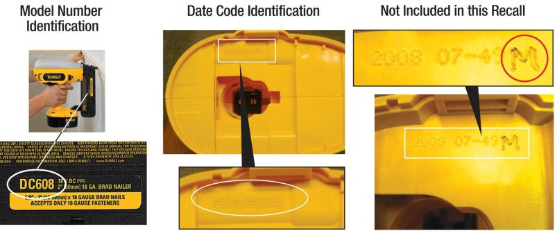 Picture of Model Number Identification, Date Code Identification, and a Date Code Not Included in this Recall