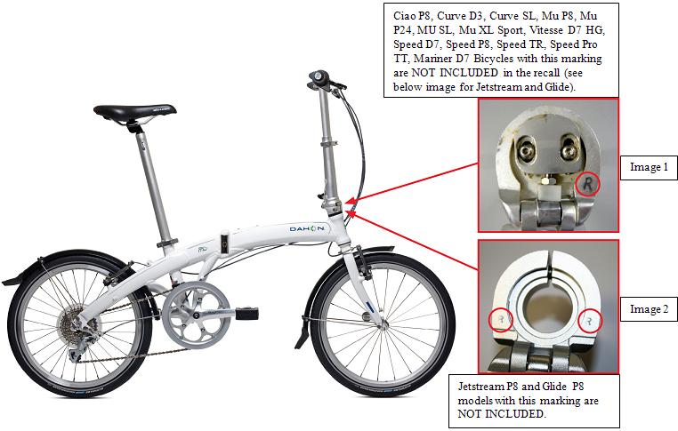 Picture of Recalled Folding Bicycle with note indicating 'Bicycles with this sticker - Radius Handlepost - and/or this marking are not included in the recall'