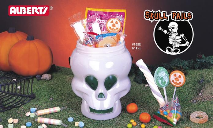 Skull Pails Filled With Halloween Candy Mix