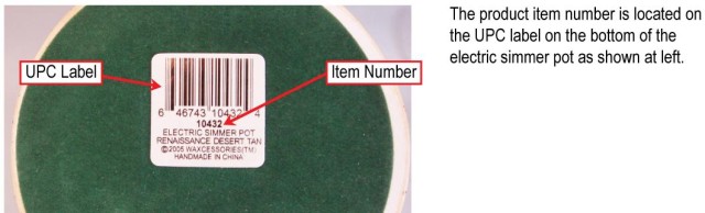 Picture of Recalled Electric Simmer Pot Label - The Product item number is located on the UPC label on the bottom of the electric simmer pot.