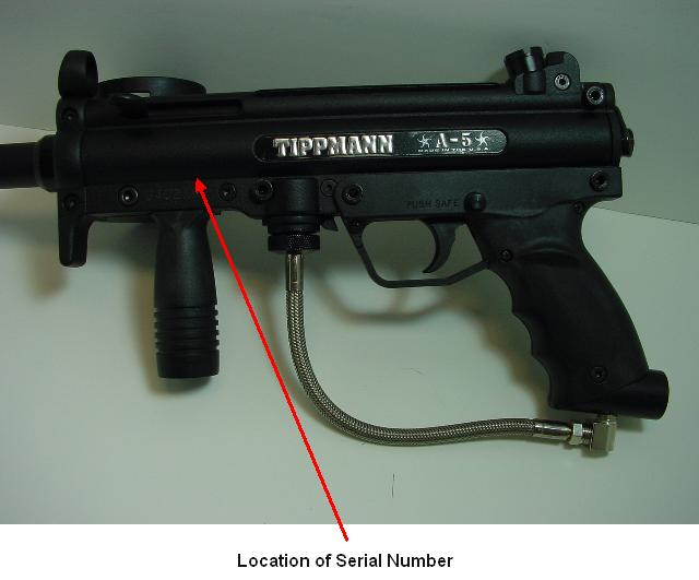 Picture of Recalled Paintball Marker showing Location of Serial Number