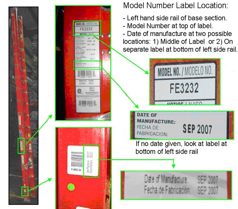 Picture of Recalled Extension Ladder and Labels