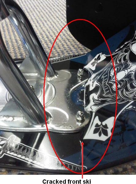 Detail of cracked snow bike ski