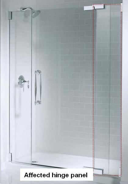 Picture of recalled shower door highlighting the affected hinge