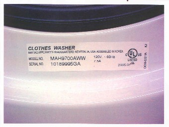 Picture of Recalled Washing Machine Label