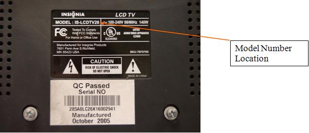 Picture of location of model number on the television