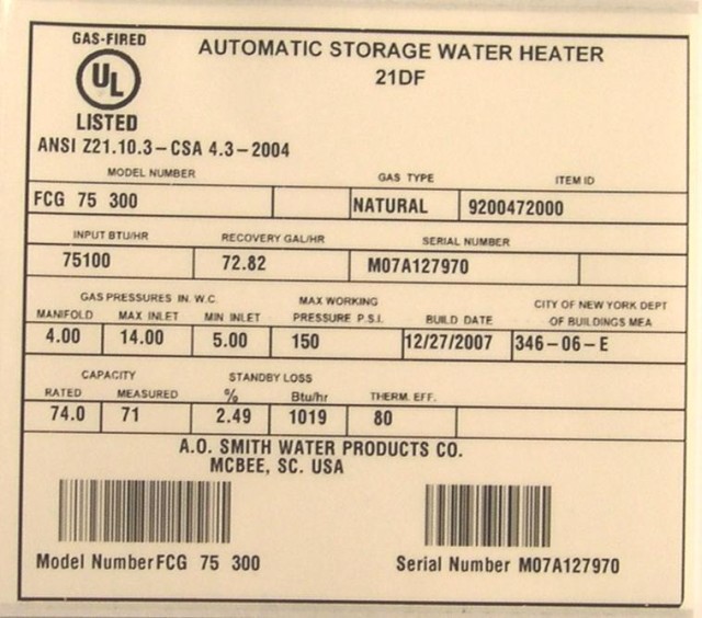 A.O. Smith and State Water Heater Recall Data Tag