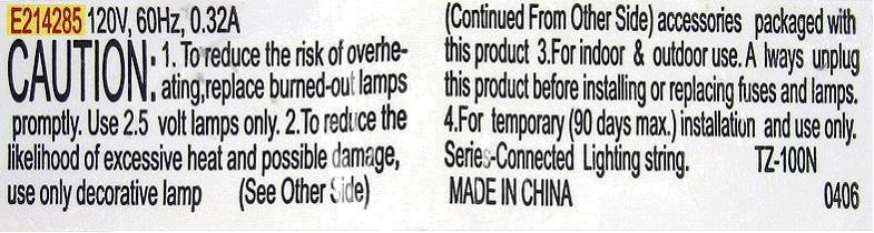 Picture of Recalled Hobby Lobby Light Set Label