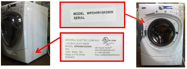 Picture of recalled white washer showing location of model and serial number