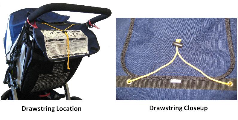 Picture of Recalled Jogging Stroller showing drawstring location and closeup