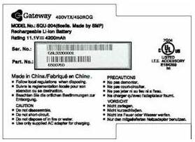 Picture of Gateway Lithium Ion Battery Pack Label