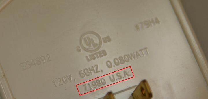 Picture showing location of '71980 U.S.A.' on back of recalled night light