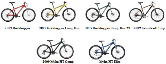 Picture of Recalled Bicycles - top row, from left: 2009 Rockhopper, 2009 Rockhopper Comp Disc, 2009 Rockhopper Comp Disc 29, 2009 Crosstrail Comp.  Bottom row, from left: 2009 Myka HT Comp, Myka HT Elite